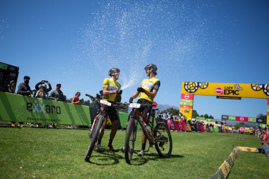 Matt Beers and Jordan Sarrou celebrate at the finish