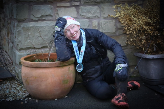 Debbie Martin-Consani at the finish of the Montane Spine Race