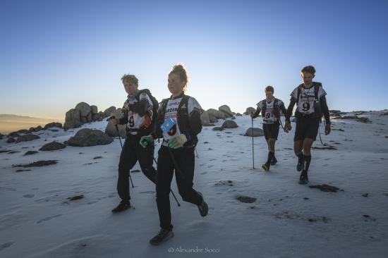 Team Fear Youth trekking on snow near the summit of Mt Titiroa 